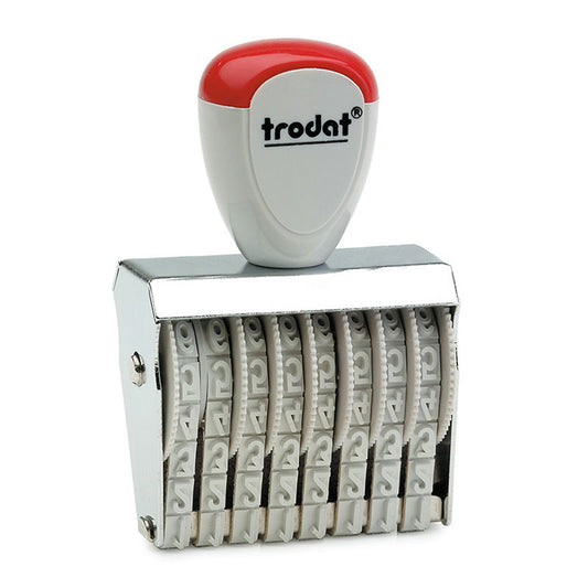 Red and white Trodat TR-1548 number stamp with a metal housing and multiple rotating bands for efficient numbering operations.