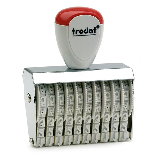 Trodat TR-15510 number stamp with a red and white handle, a reflective metallic housing showing numerous rotatable number wheels.
