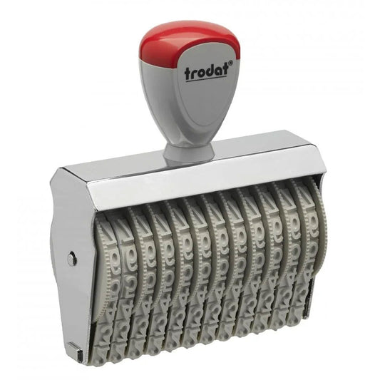 Trodat TR-15514 professional number stamp with a red and gray ergonomic handle and shiny silver body showcasing a sequence of adjustable number wheels.