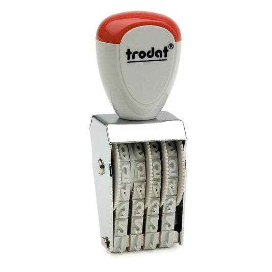 Trodat TR-1554 number stamp featuring a red and white handle, with a silver body and clearly visible number bands for easy customization.