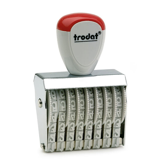 Trodat TR-1558 number stamp with a stylish red and white handle, a chrome body showcasing eight adjustable number bands for various stamping needs.