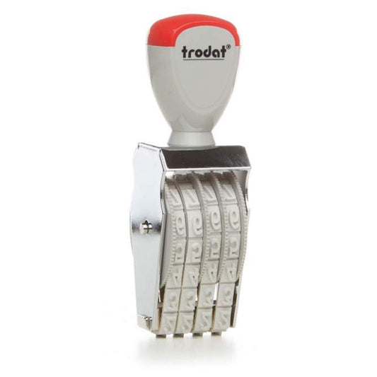 Red and white handled Trodat TR-1574 number stamp, with a reflective metallic finish and four adjustable bands for precise numbering and marking.