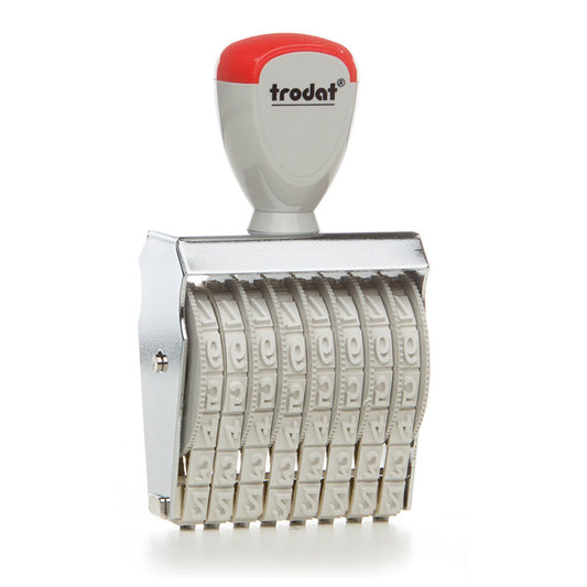 Trodat TR-1578 number stamp with an eye-catching red and white handle, fitted with eight easy-to-adjust bands for precise 7 mm character stamping.