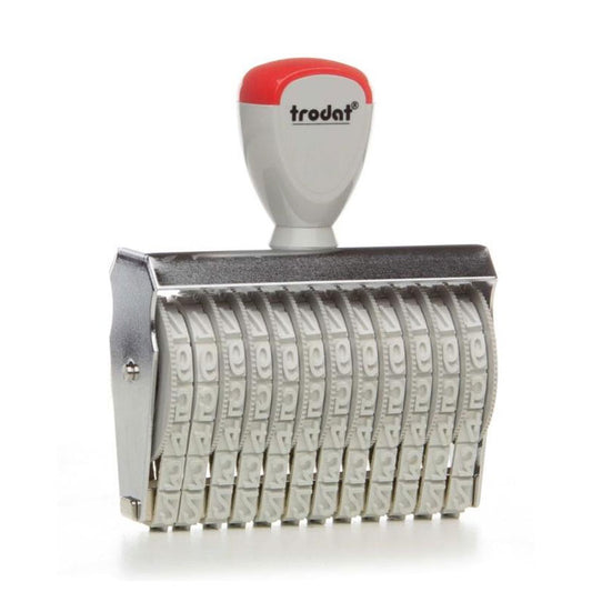 Trodat TR-15912 number stamp with an ergonomic red and white handle and a reflective chrome body, hosting twelve adjustable bands for clear 9 mm character stamping.