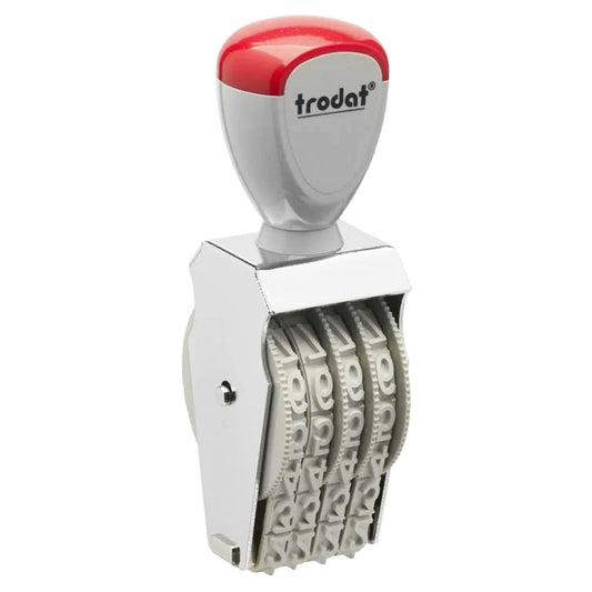 A red and white Trodat TR-1594 number stamp with a chrome finish, equipped with four customizable bands to create distinct 9 mm numerals and symbols.