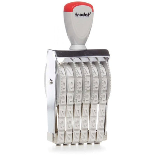 Elegantly designed Trodat TR-1596 number stamp with a red and white handle, featuring a glossy metal body and six bands that can be set to display 9 mm characters.