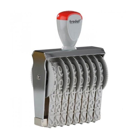 Vibrant red and white Trodat TR-1598 number stamp with a reflective silver body, designed with eight adjustable bands to create prominent 9 mm tall characters.