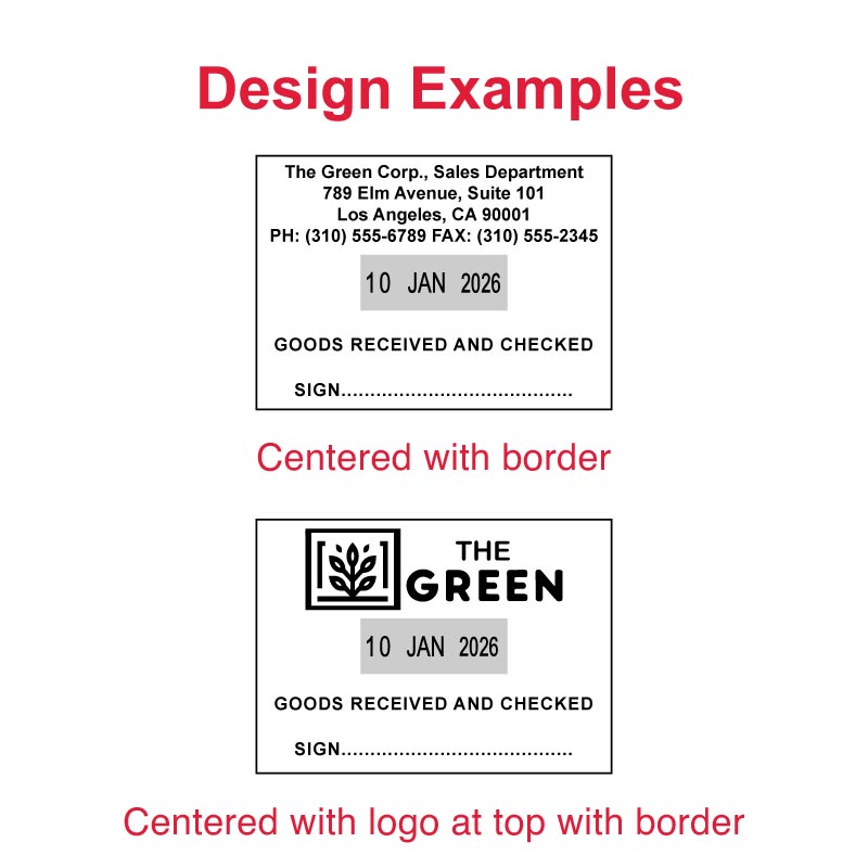 Design examples for the Trodat TR-2910 date stamp, showing centered text with border and a centered layout with logo at the top and border, both including a date field.