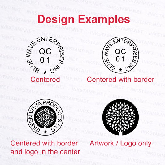 Trodat TR-46025 round self-inking stamp design examples including logo and circular layout
