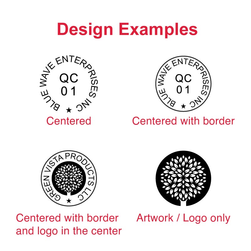 Design examples for the Trodat TR-46025 self-inking stamp, showing centered circular text, centered circular text with border, centered design with border and logo in the center, and artwork/logo-only design.
