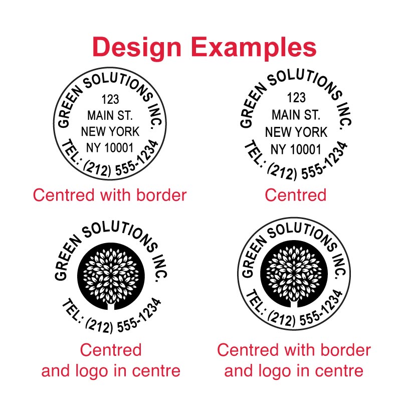 TR-46050 Printy Impressions - Explore a variety of precise and clear design examples made by this round 50 x 50 mm pre-inked stamp, showcasing its versatility and professional quality.