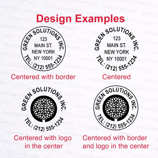 Trodat TR-46050 round self-inking stamp design examples including large logo and circular layout