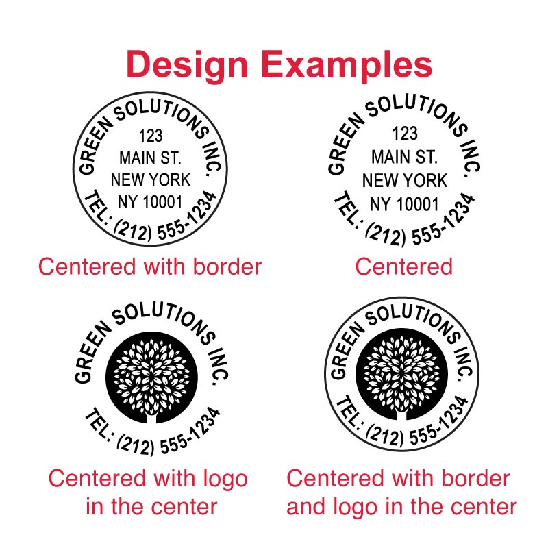 Design examples for the Trodat TR-46050 self-inking stamp, showing centered circular text with border, centered circular text, centered design with logo in the center, and centered circular design with border and logo in the center.