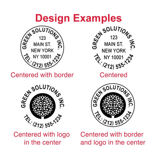 Design examples for the Trodat TR-46050 self-inking stamp, showing centered circular text with border, centered circular text, centered design with logo in the center, and centered circular design with border and logo in the center.