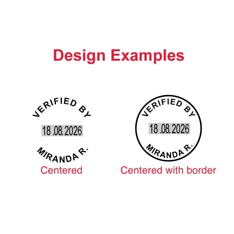 Design examples for the Trodat TR-46119 date stamp, showing a centered circular design with date field and a centered circular design with border and date field.