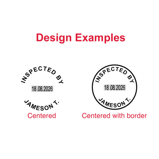 Design examples for the Trodat TR-46125 date stamp, showing a centered circular design with date field and a centered circular design with border and date field.