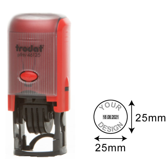 Trodat Printy TR-46125 self-inking stamp with a round design area of 25mm diameter, showcasing a red and grey body, ideal for customizable date and personal text imprints.
