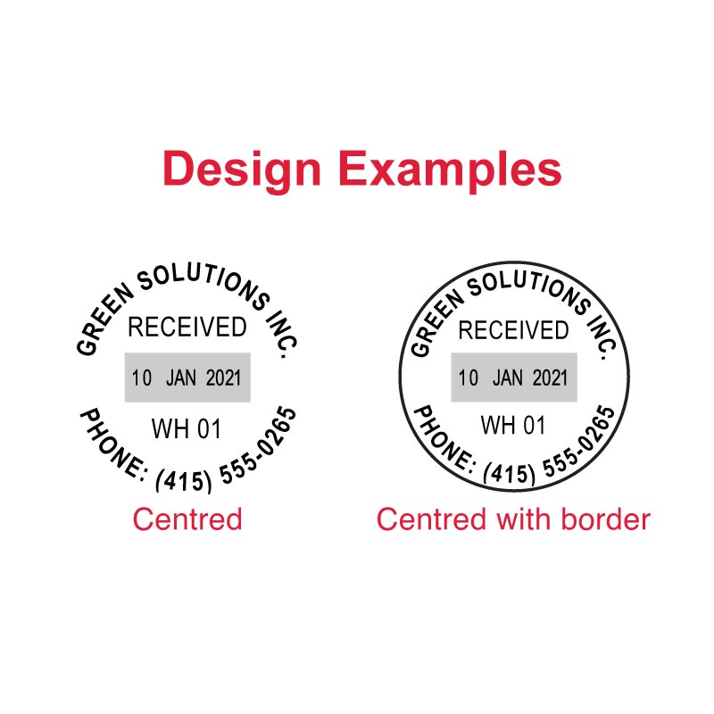 Design examples for Trodat Printy TR-46140 stamp with 'RECEIVED' text and adjustable date, in both centered and centered with border styles, suitable for office documentation and record keeping.