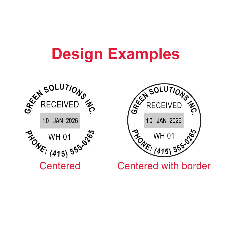 Design examples for the Trodat TR-46140 date stamp, showing a centered circular layout with date field and phone number, and a centered circular layout with border, date field, and phone number.