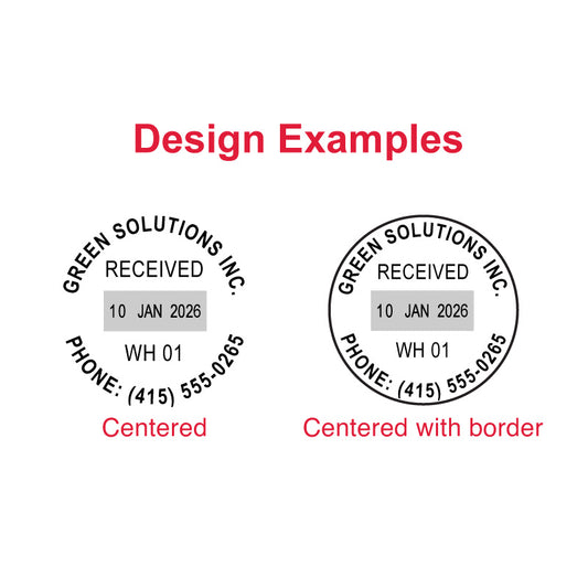Design examples for the Trodat TR-46140 date stamp, showing a centered circular layout with date field and phone number, and a centered circular layout with border, date field, and phone number.