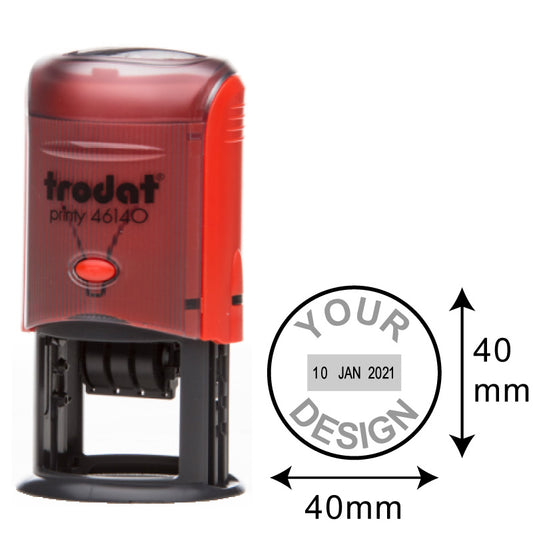 Trodat Printy TR-46140 self-inking stamp with a circular design area of 40mm diameter, red and black body, ready for custom date and text imprinting for office use.