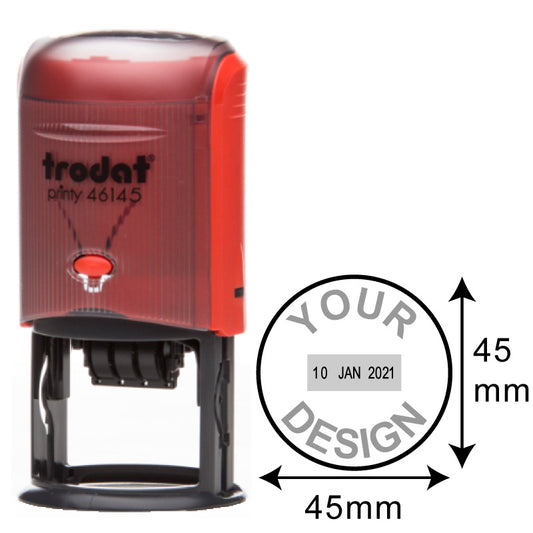 ALT Text: "Customizable Trodat Printy TR-46145 self-inking date stamp with a clear 45 mm impression area for office and personal use, available for global shipping with free shipping on orders over $30."