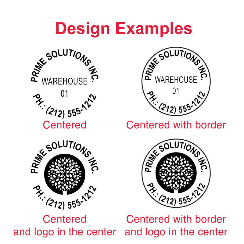 Design examples for the Trodat TR-4630 self-inking stamp, including a centered circular layout with text and phone number, a centered layout with border, a centered layout with logo in the middle, and a centered layout with border and logo in the middle.