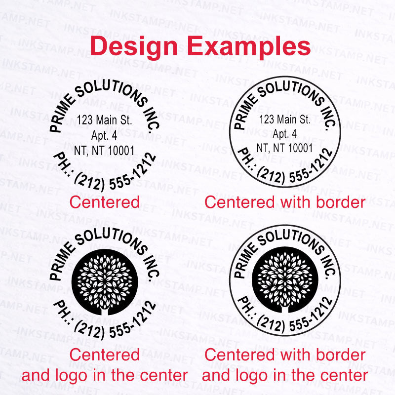 Trodat TR-4638 round self-inking stamp design examples including logo and badge layout