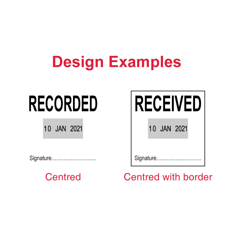 Design templates for Trodat Printy TR-4724 stamp with options for 'RECORDED' and 'RECEIVED' labels, demonstrating customization of date and signature line, perfect for official documentation and personal use.