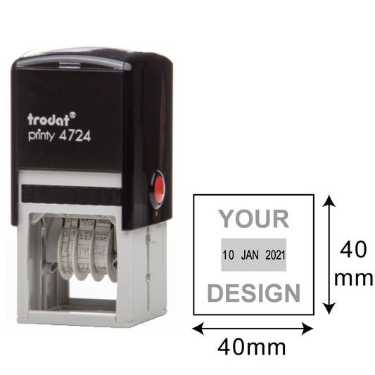 Trodat Printy TR-4724 self-inking square stamp, 40x40 mm customizable date and text area, suitable for office and personal use, with global shipping and free delivery on orders over $30.