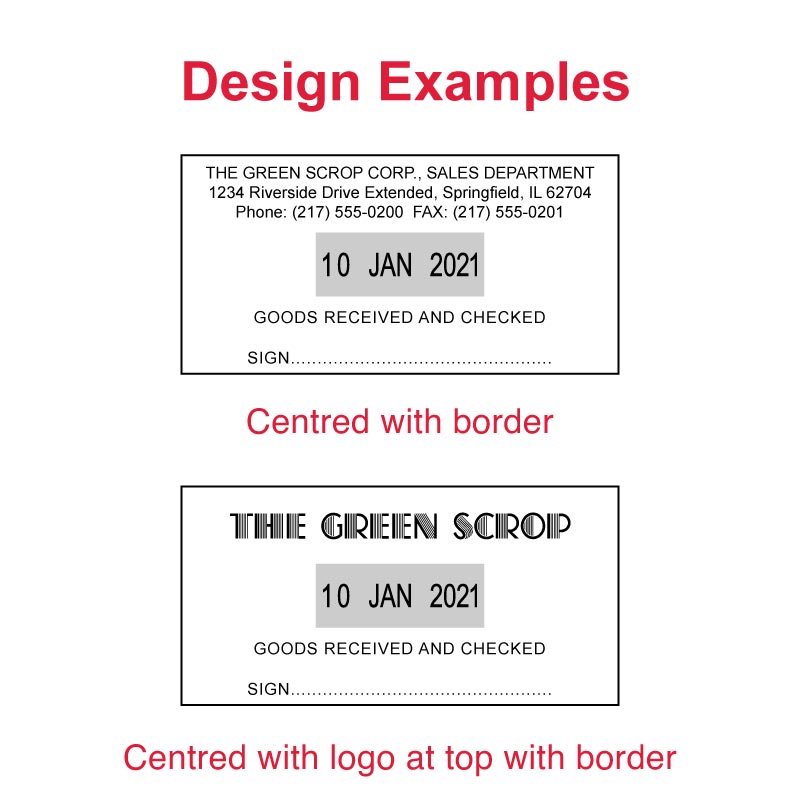 Sample designs for Trodat Printy TR-4726 stamp featuring 'GOODS RECEIVED AND CHECKED' text with signature line, showing options with and without company logo, suitable for office documentation, available with customizable text and date.