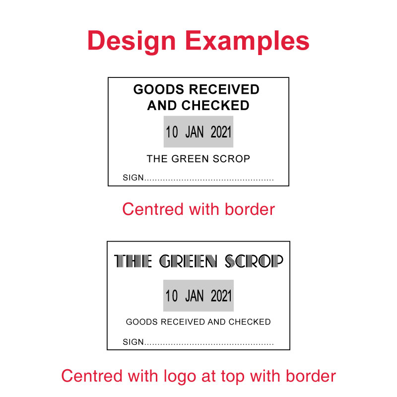 Example layouts for Trodat Printy TR-4729 stamp, featuring 'GOODS RECEIVED AND CHECKED' messages with customizable company name and signature line, ideal for professional and personal labeling needs.