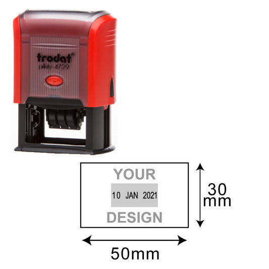 Trodat Printy TR-4729 self-inking stamp, 30x50 mm, offering customizable text and date label options, with global shipping and free delivery on orders over $30, ideal for both office and personal use.