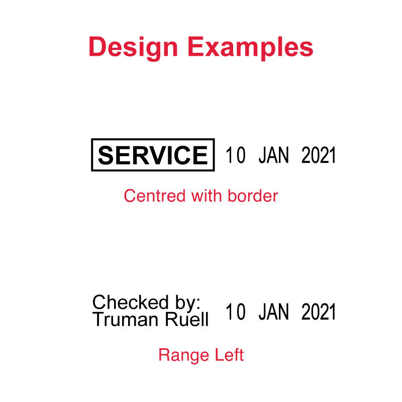 Examples of personalized Trodat Printy TR-4813 self-inking English date stamp designs, including centered with border and ranged left options, demonstrating customization capabilities.
