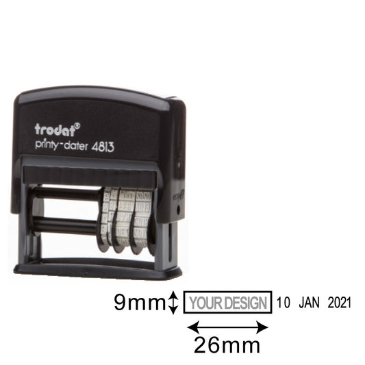 Trodat Printy TR-4813 self-inking customizable English date stamp, dimensions 9mm by 26mm, showcasing potential design space for personalization.