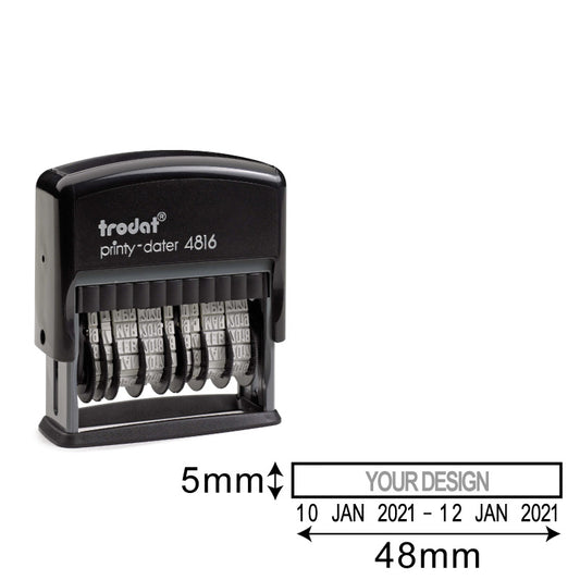 Trodat Printy TR-4816PL self-inking date stamp in sleek black design, measuring 5mm by 48mm, perfect for precise and single-line date impressions, customizable for personal and office use.