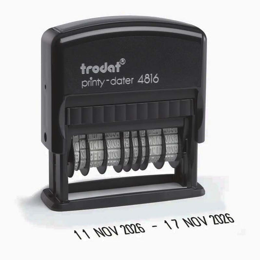 Trodat Printy TR-4816 self-inking date stamp in black, dimensions 8 x 25 mm, with customizable date range impression, designed for sharp and precise labeling in office and personal use.