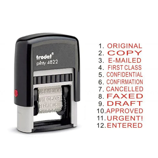 Trodat TR-4822 12 in 1 Ready to Use Office Stationary Stamp - A versatile self-inking stamp with 12 pre-designed impressions for various office needs. Convenient and efficient for everyday office tasks.