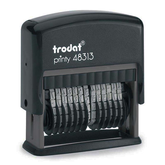 Trodat Printy 48313 black self-inking number stamp with a sturdy rectangular body and 13 adjustable number bands prominently displayed.