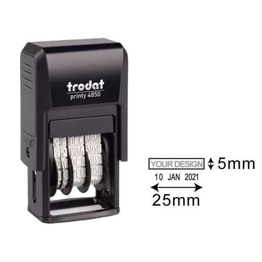 Trodat Printy TR-4850 self-inking date stamp with a customizable text field, dimensions 5mm by 25mm, ideal for precise single-line date stamping in professional and personal settings.