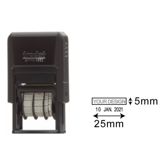 Trodat Printy TR-4850 self-inking date stamp with a customizable text field, dimensions 5mm by 25mm, ideal for precise single-line date stamping in professional and personal settings.
