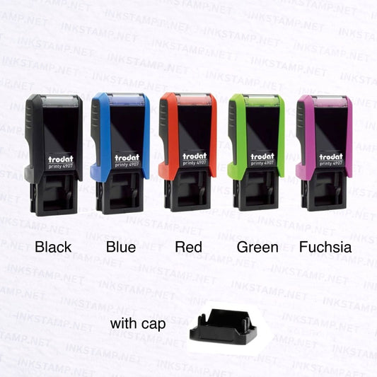 Trodat TR-4907 stamp available in black, blue, red, green, and fuchsia body colors with cap