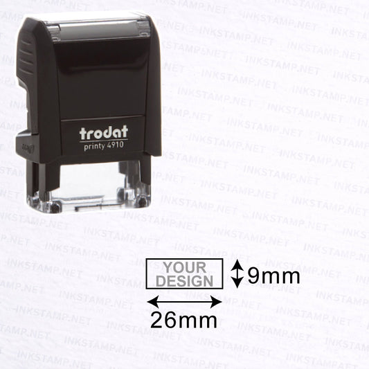 Trodat TR-4910 stamp with 9mm x 26mm impression size diagram for custom text layout