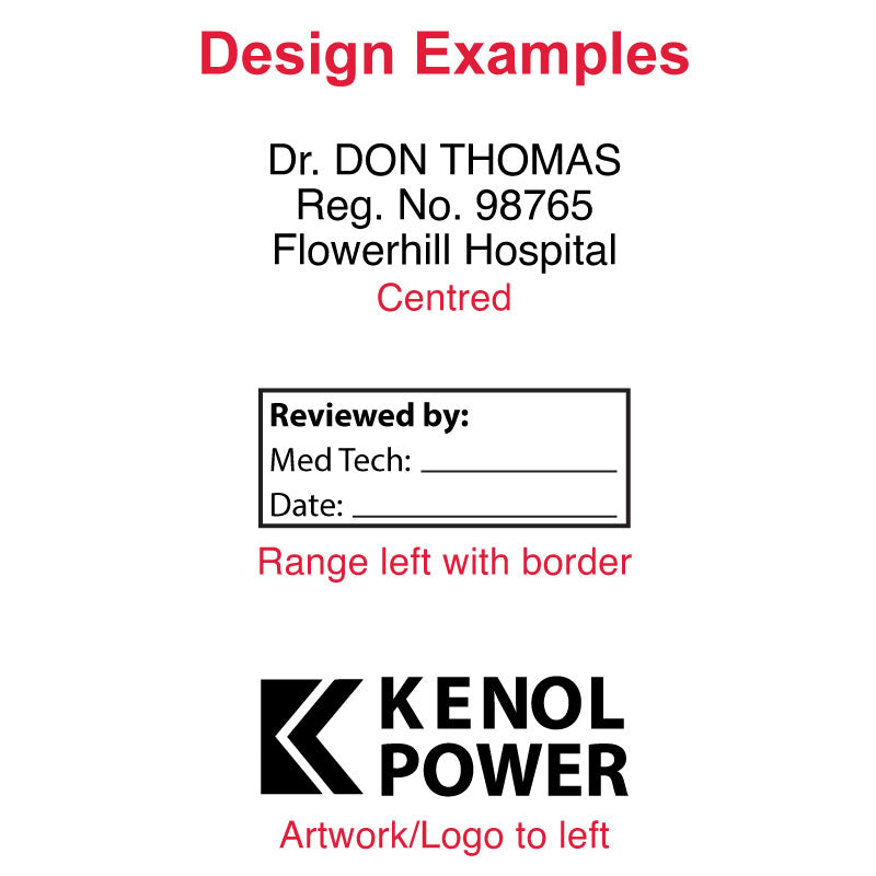 Examples of customizable impressions with the Trodat TR-4911 Self-Inking Stamp - address, logo, and personalized designs