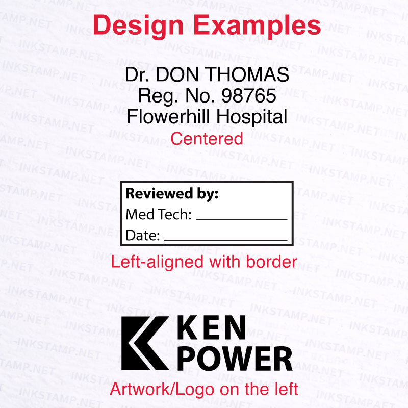 Trodat TR-4911 self-inking stamp design examples including centered text, left aligned layout, and logo stamp