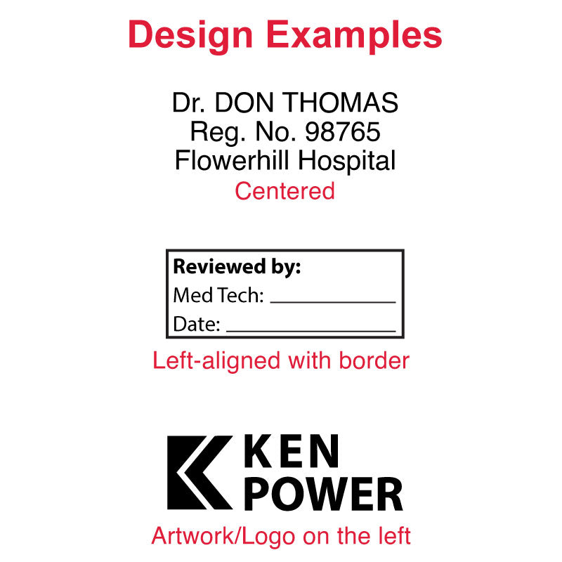 Design examples for Trodat TR-4911 self-inking stamp showing centered professional text, left-aligned reviewed-by box with border, and logo positioned on the left.