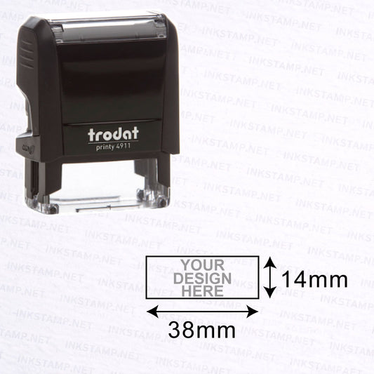 Trodat TR-4911 stamp with 14mm x 38mm impression size diagram for custom text layout
