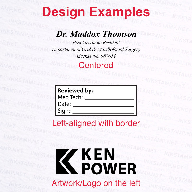 Trodat TR-4912 self-inking stamp design examples including name address layout and logo stamp