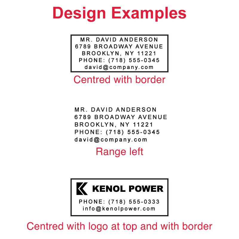 TR-4913 Printy Impressions - Explore a variety of precise and clear design examples made by this rectangular 22 x 58 mm self-inking stamp, showcasing its versatility and professional design.