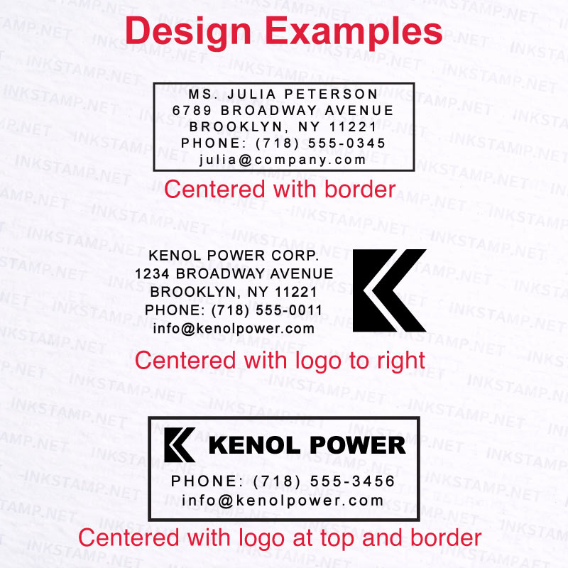 Trodat TR-4915 self-inking stamp design examples including logo layout and large text format